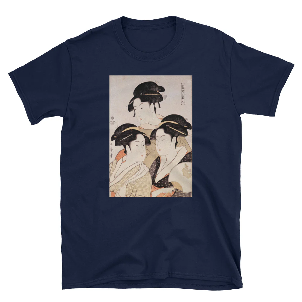 Utamaro Ukiyoe Japanese Art Three Bijin Short-Sleeve Unisex T-Shirt - Image 3