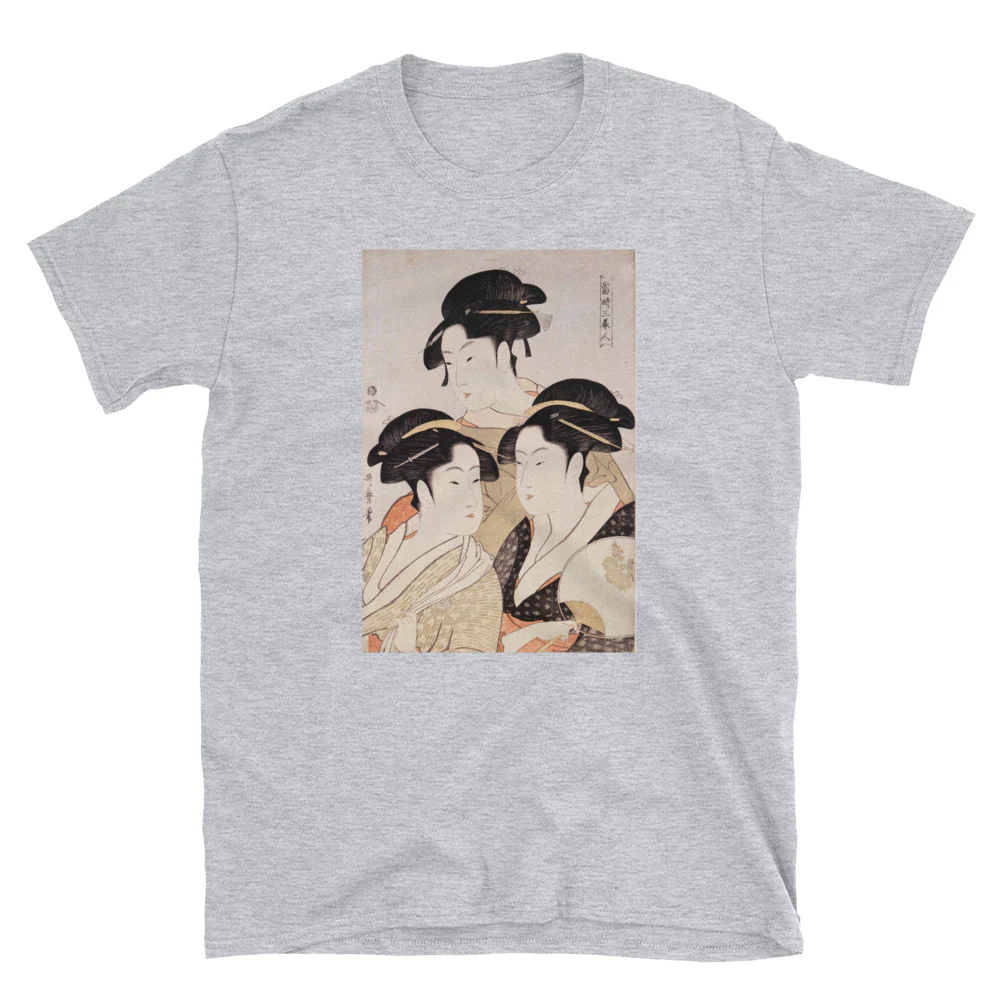 Utamaro Ukiyoe Japanese Art Three Bijin Short-Sleeve Unisex T-Shirt - Image 4